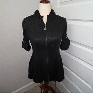 Miilla Suede Like Zipper Front Hood Anorak Drawstring Peplum Jacket